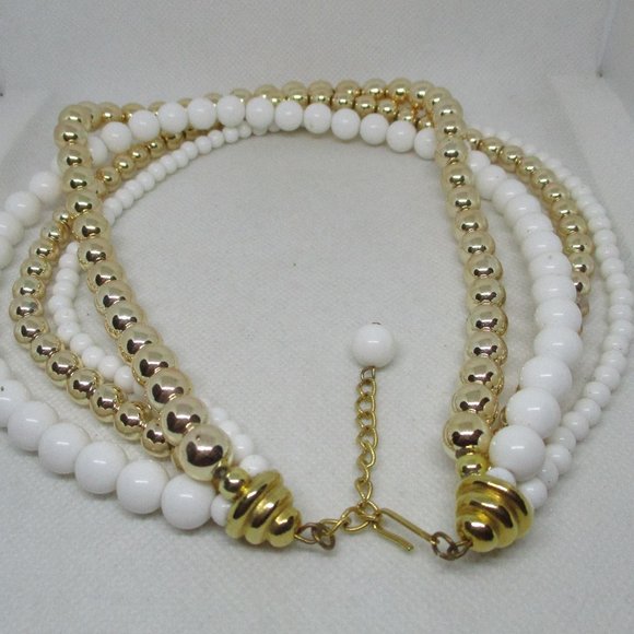 Four Strand Metallic Gold Tone White Beaded Necklace Multi Strand Bead  Necklace - Picture 8 of 10